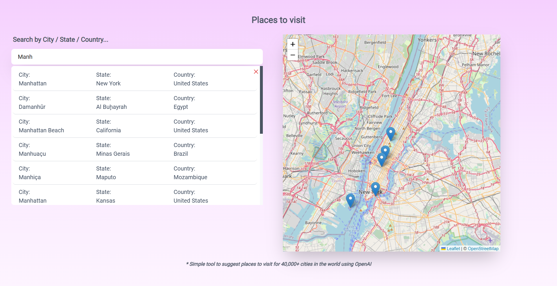 Image for A simple tool to suggest places to visit for 40,000+ cities in the world using React, Remix, OpenAI & Tailwind CSS