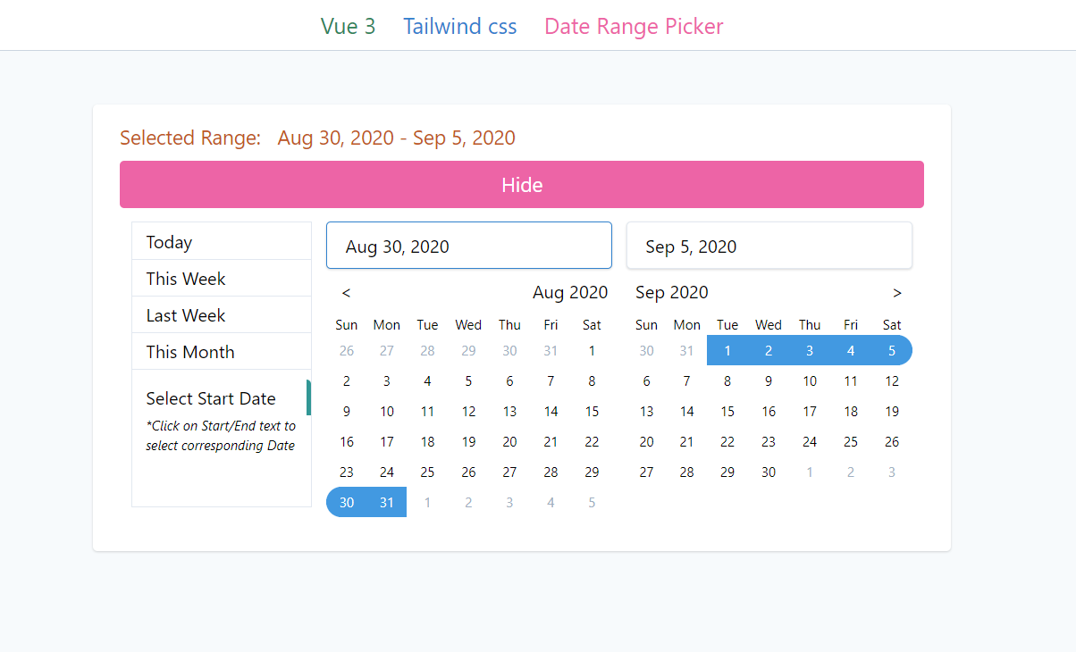 Image for Date Range Picker using Vue 3, Composition Api & Tailwind CSS