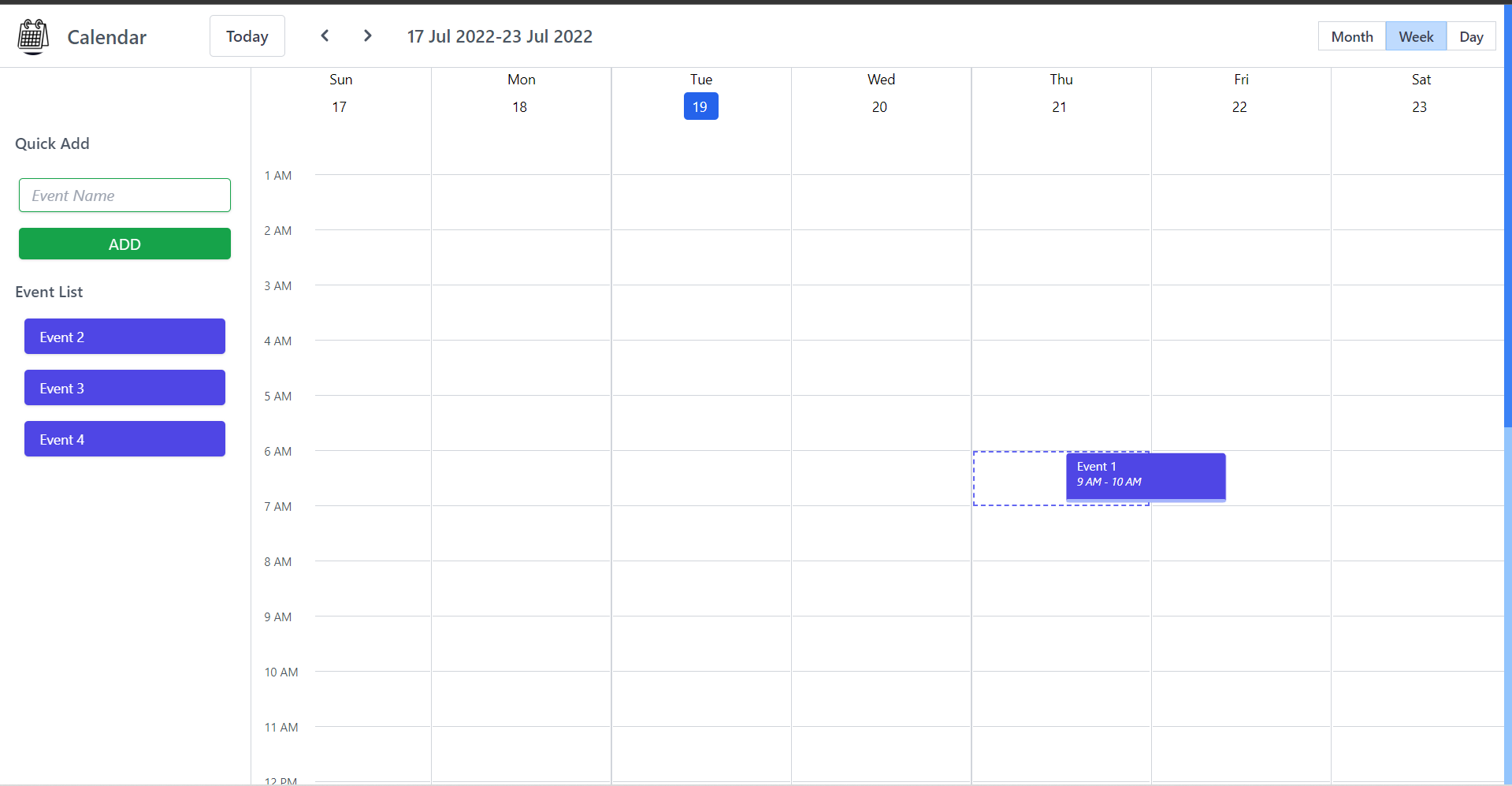 Image for React FullCalendar Events. Month, Week & Day views along with ability to drag, drop events & adjust(increase/decrease) duration of events.