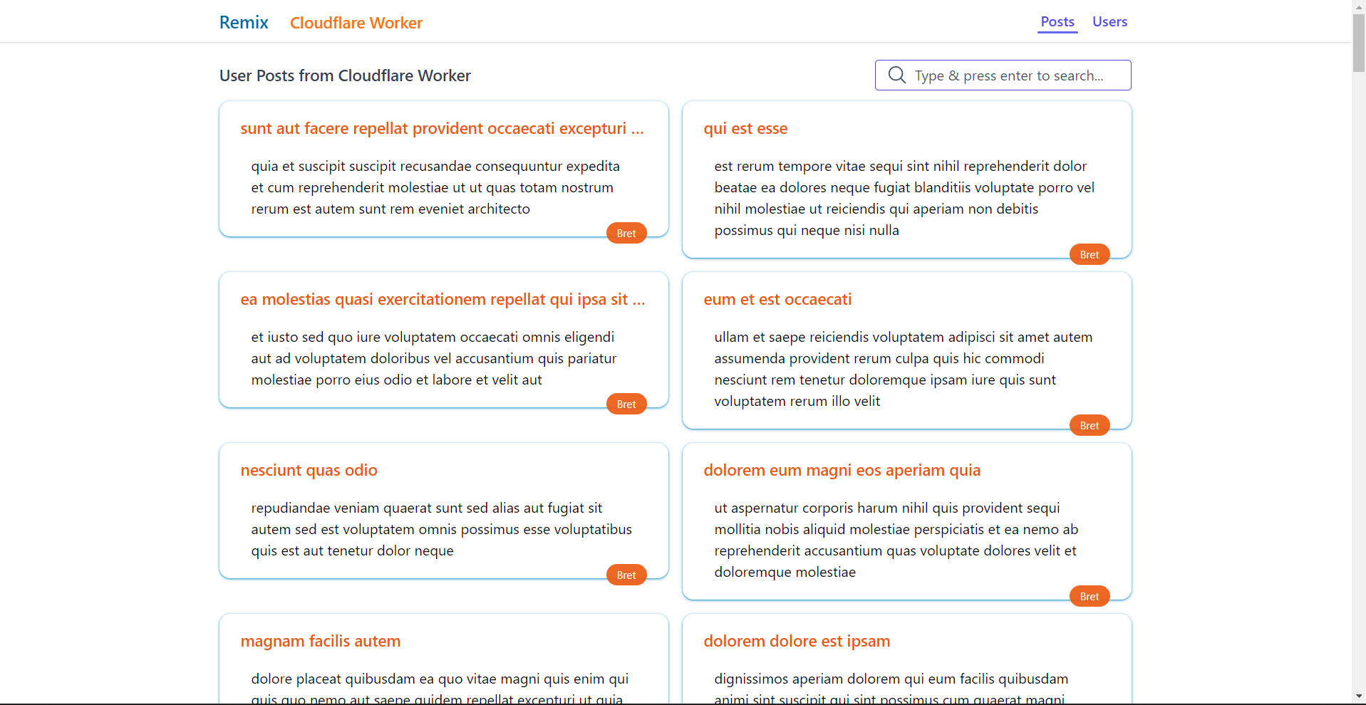 Image for React + Remix POC to diplay JsonPlaceholder data including search hoisted in Cloudflare Worker.